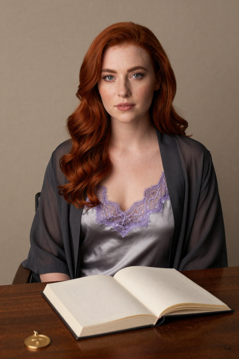Fictional 27-year-old woman, copper-red hair in long loose polished waves, fair skin with a warm glow,